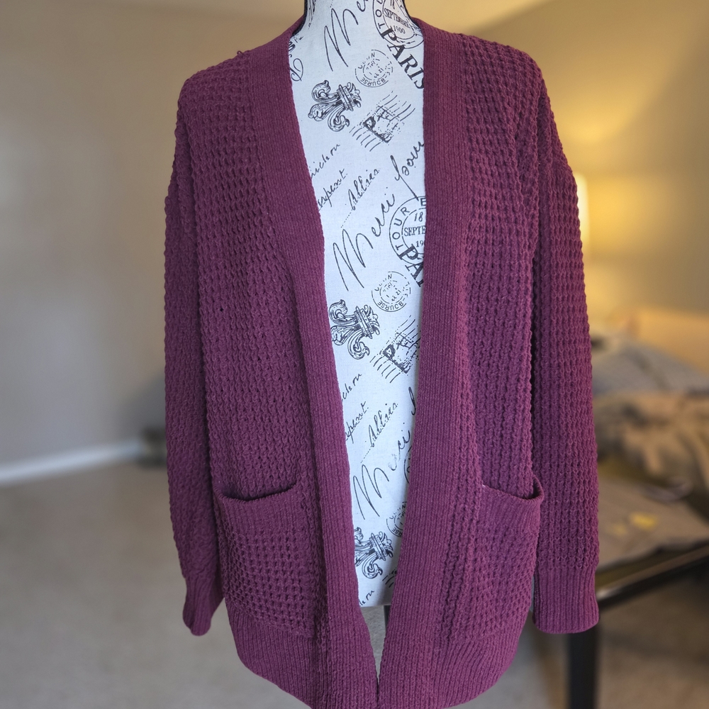 Oversized Women's Open-Front Waffle Sweater With Pockets